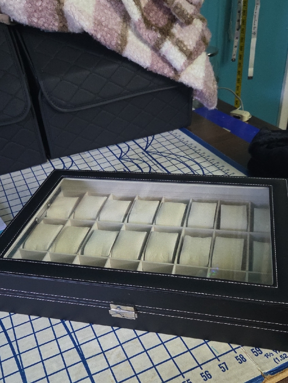 Black Watch Storage Box with Glass Top - 24-Slot Organizer